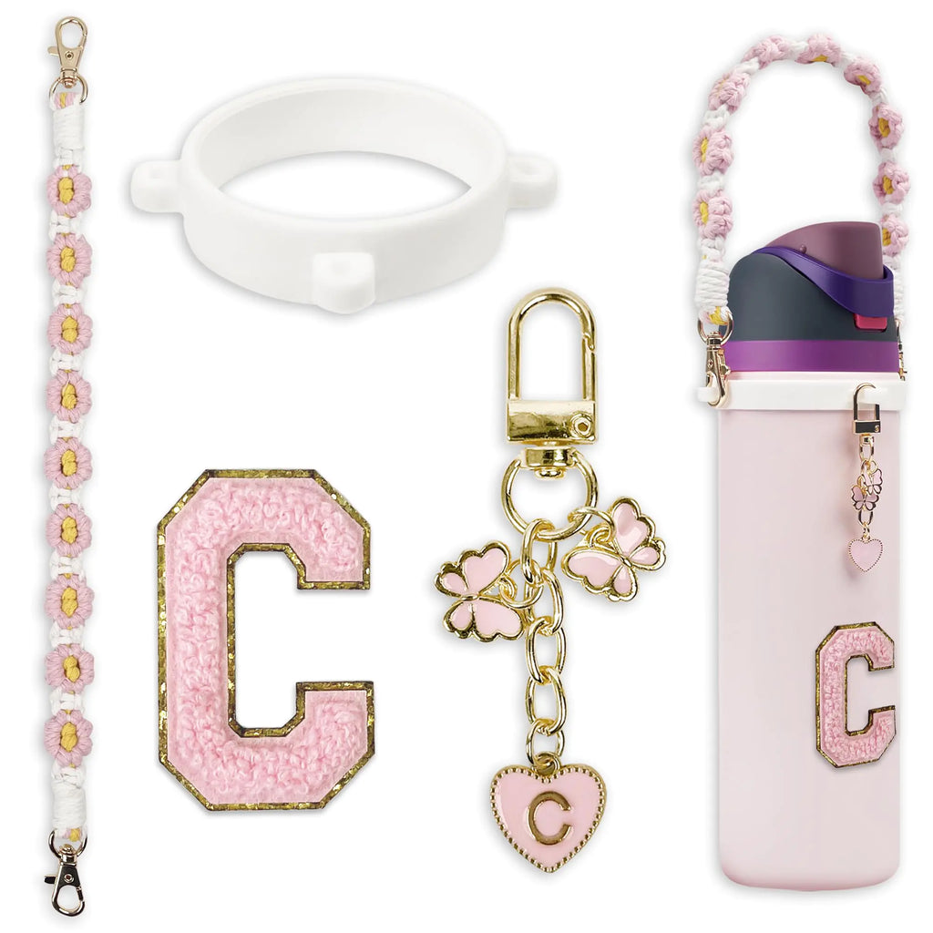 Cute Letter Charm Set Compatible with Owala Water Bottle 24 oz 32 oz 40 oz Owala Kids Owala Coffee Tumbler Owala FreeSip – Includes Handle Strap for Owala & Stanley Cup Accessories (Pink C)